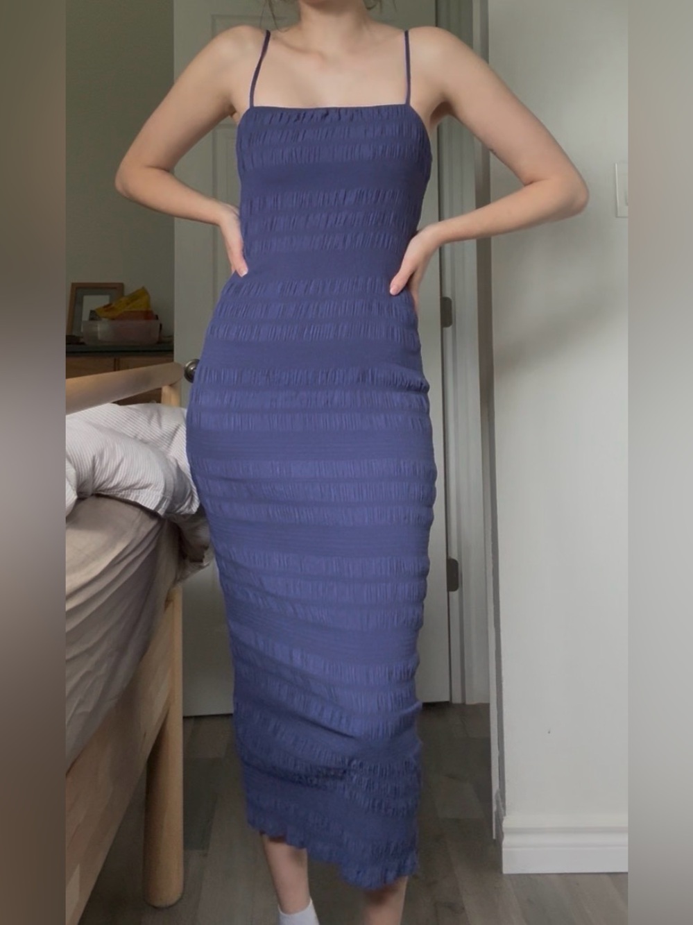 Dynamite Navy Smocked Strappy Midi Dress